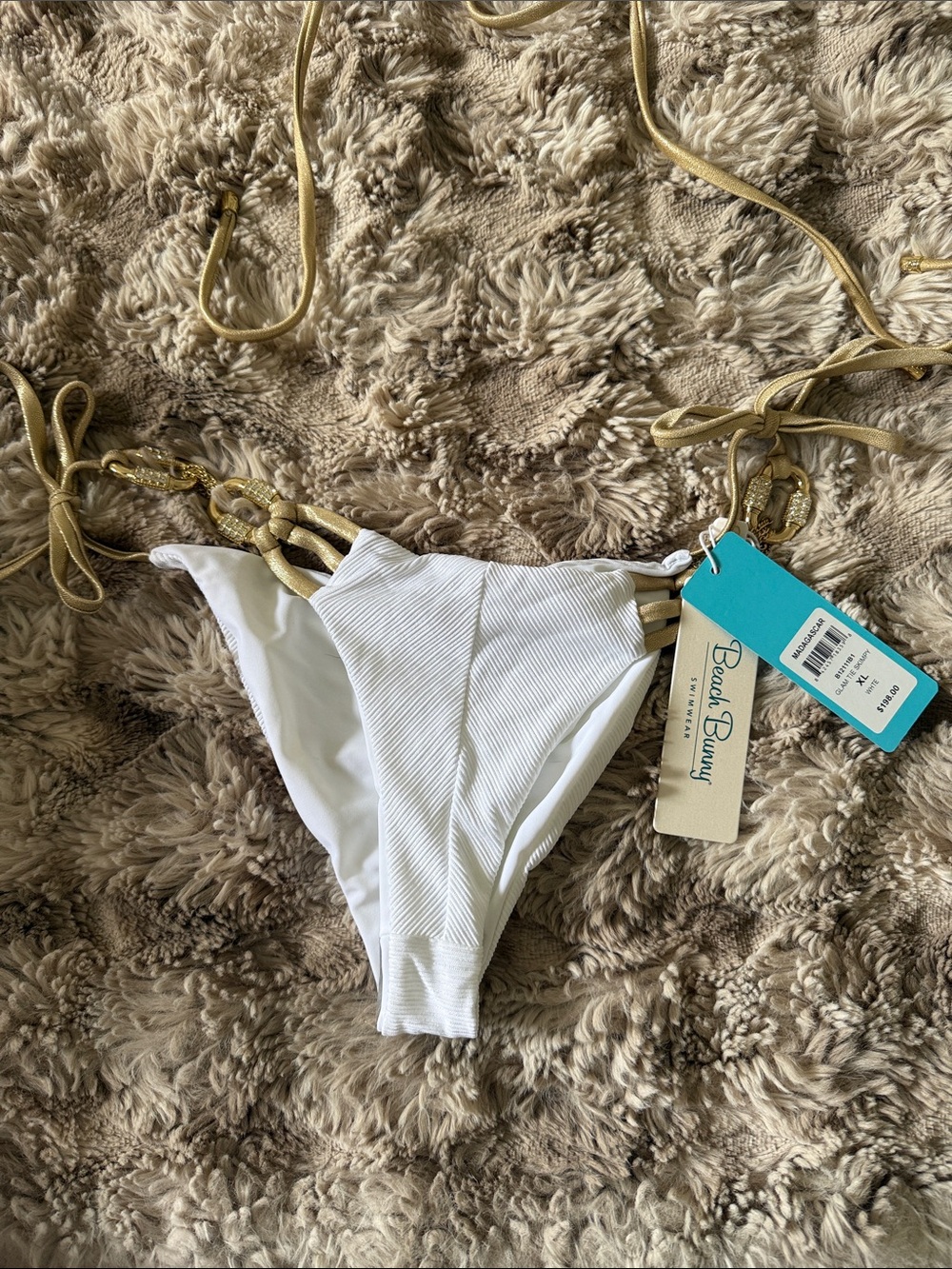 Beach Bunny White Ribbed Bikini Bottom with Gold Chain Straps size XL